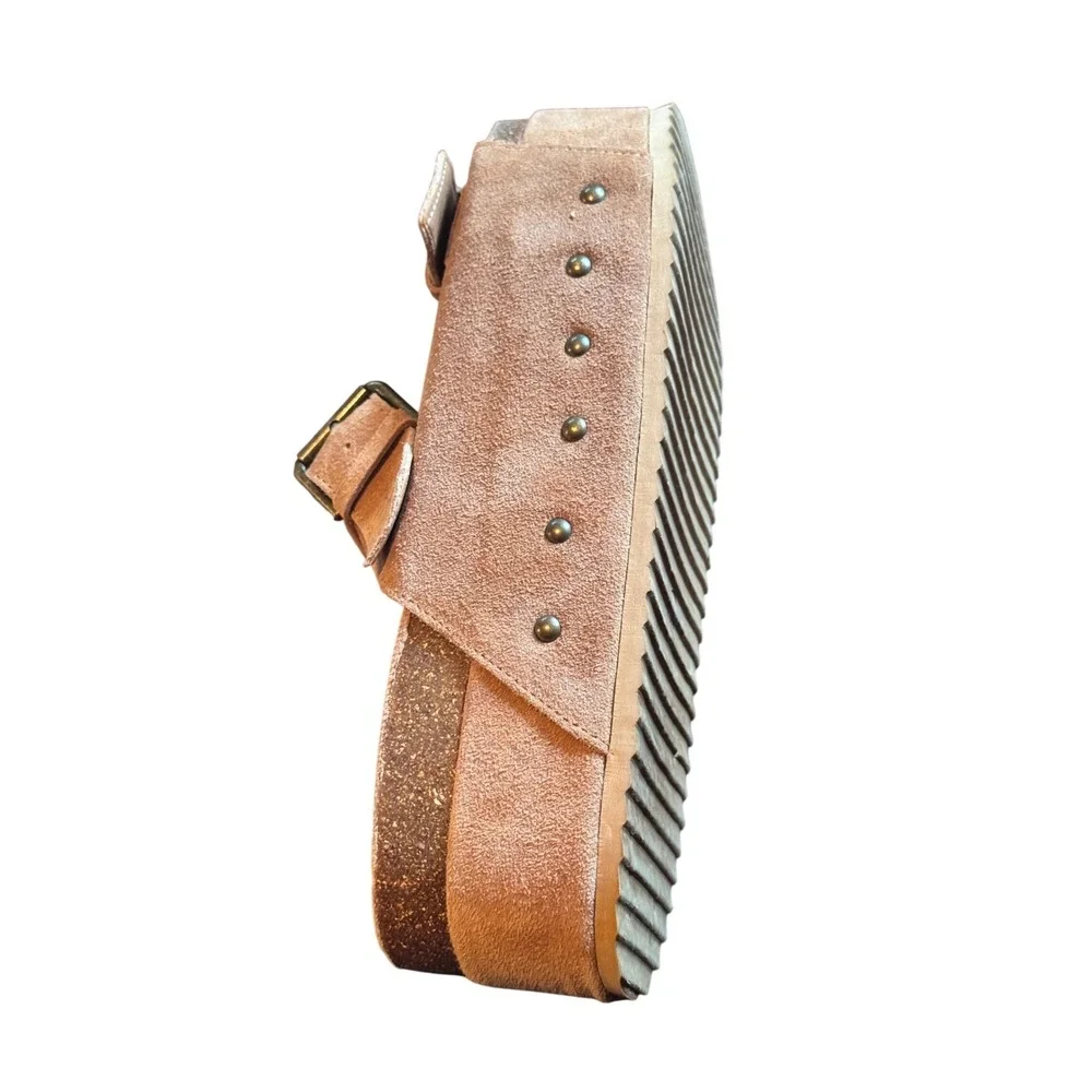 Tan Suede Double Buckle Platform Slide Sandals Brown Chunky Studded Sole 10